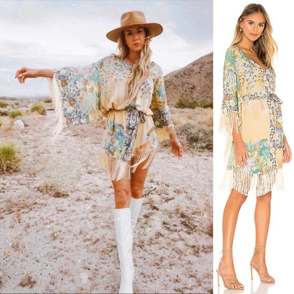 New Spell Designs Willow Tassel Mini Dress S Kimono Sleeve Blue Green Playdress